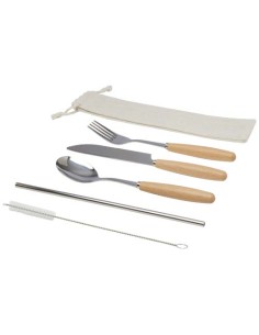Cubertería de 5 piezas de acero inoxidable y madera de...