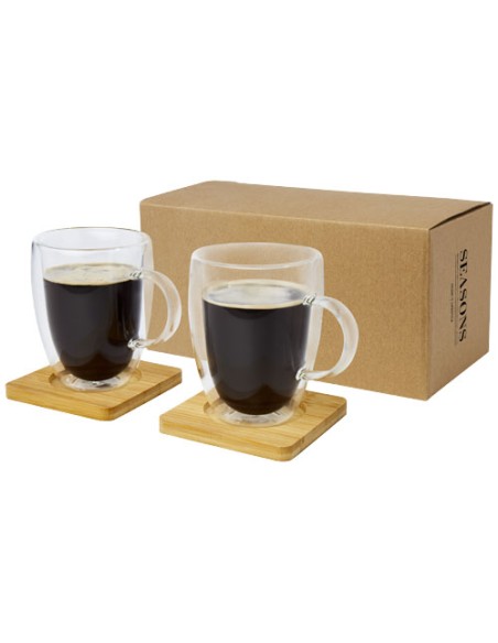 Dos tazas de vidrio de doble pared de 350 ml con posavasos de bambú "M