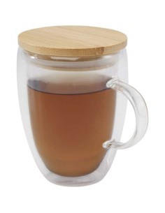 Taza de vidrio de 350 ml con tapa de bambú "Leona"