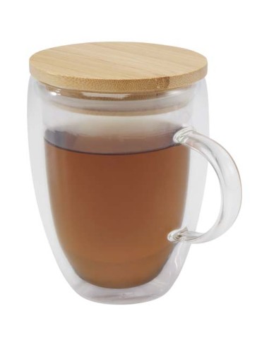 Taza de vidrio de 350 ml con tapa de bambú "Leona" | Sequio regalos de