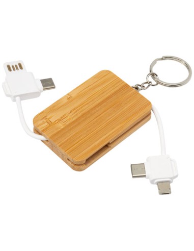 Llavero de bambú con cable de carga retráctil 6 en 1 "Reel" | Sequio r
